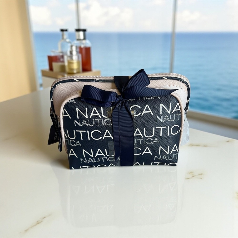 Nautica 2PC Trap Set Travel Cosmetic‎ Makeup Bag Blush Navy NWT